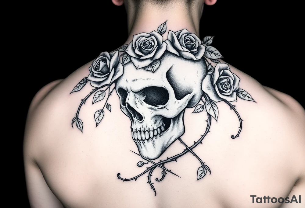 gothic skull intertwined with climbing roses and thorny vines tattoo idea