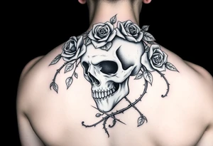 gothic skull intertwined with climbing roses and thorny vines tattoo idea