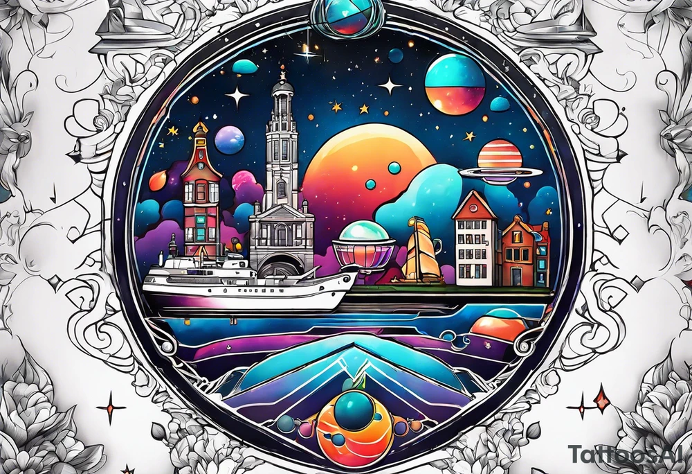 Tattoo featuring space featuring spaceships and featuring water in galaxy colours featuring animals featuring Amsterdam tattoo idea