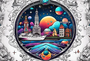 Tattoo featuring space featuring spaceships and featuring water in galaxy colours featuring animals featuring Amsterdam tattoo idea