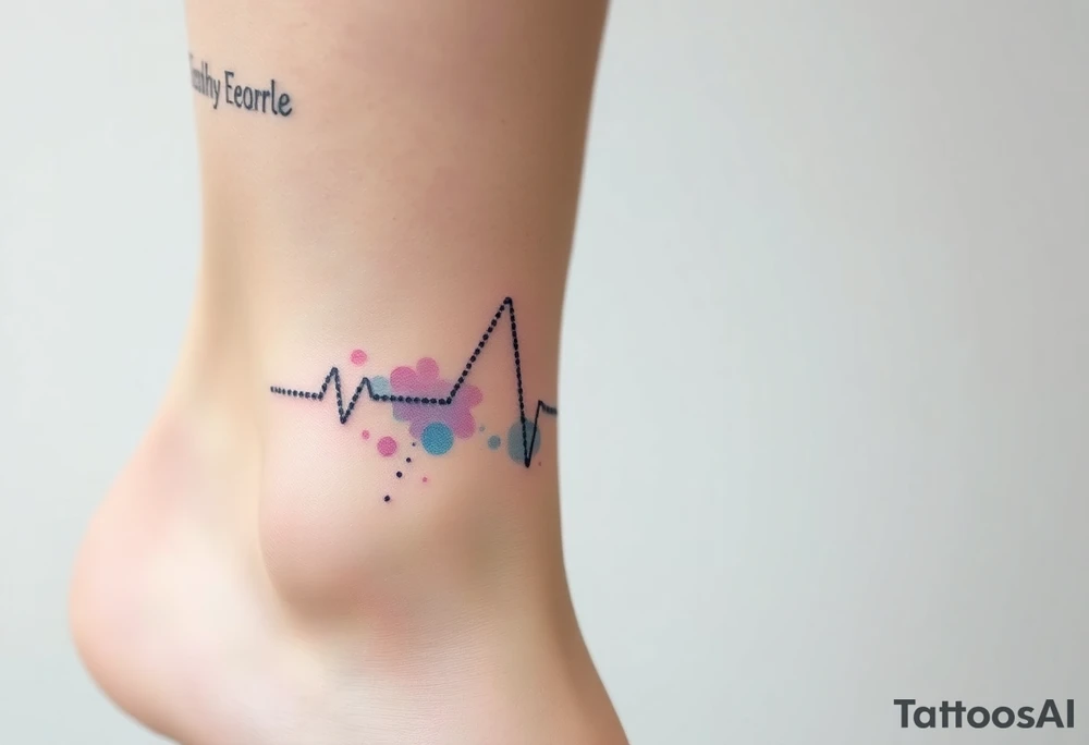 A fragmented heartbeat line, breaking into tiny dots and fading into a burst of watercolor hues, from soft blues to purple and pink. tattoo idea