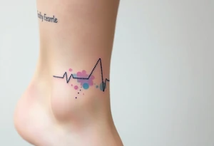 A fragmented heartbeat line, breaking into tiny dots and fading into a burst of watercolor hues, from soft blues to purple and pink. tattoo idea