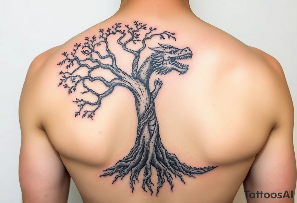 tree of life with roots absorbing a dragons tale while the dragon eats the top of the tree tattoo idea