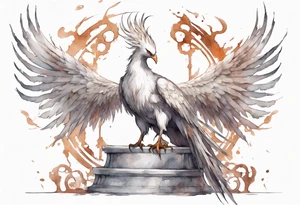 a white phoenix wearing rusty iron crown perched on a throne tattoo idea