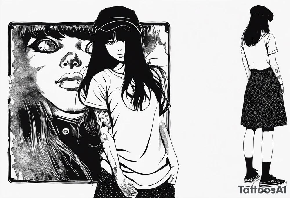 portrait of tomie standing up a character by the horror manga author junji ito full body standing murderously. add more horror and gore elements tattoo idea