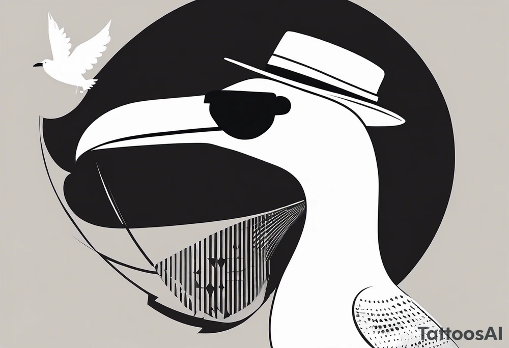 Black and white silhouette illustration of a seagull (albatross) with a human body, wearing sunglasses and a hat. The bird’s wings and head are shown in dynamic, stylized shapes, while its human body is positioned confidently, holding a camera. The design is playful and minimalistic, with clean lines defining the figure and accessories. The background features abstract, simplified shapes of a serene beach and a clear sky, creating a sense of relaxation and adventure. The silhouette emphasizes the whimsical character of the scene, with strong contrasts to highlight the unique design. tattoo idea