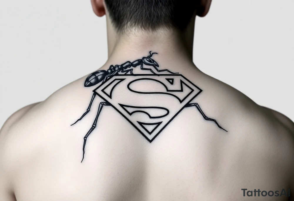 Black ant carrying the Superman logo on his back tattoo idea