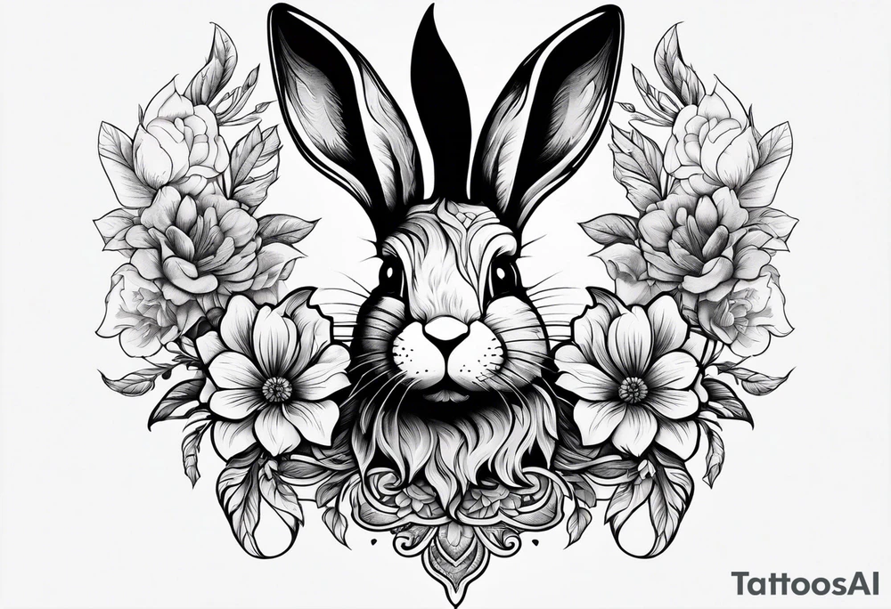 Rabbit head and flowers tattoo idea