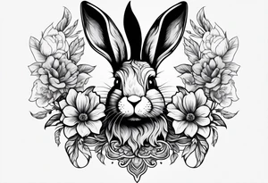 Rabbit head and flowers tattoo idea