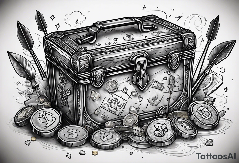 idea of adding Lucky stats to this tattoo. using 3 arrows to representing Luck, arrows stick on to a opened treasure box with gold and coins spreading everywhere. also generate word "SKINBUFFS" on the tattoo. tattoo idea