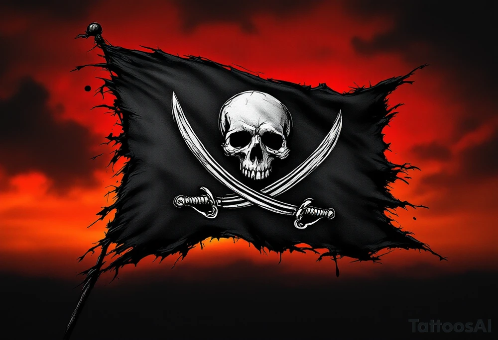 The Black Flag – A tattered black pirate flag with a white skull and crossed swords, flapping against a deep orange and red sunset. Torn edges and drips of crimson blood give it a battle-worn appearance. tattoo idea
