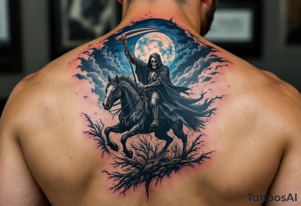 A full-back piece of a Grim Reaper riding a black horse under a stormy indigo sky. tattoo idea