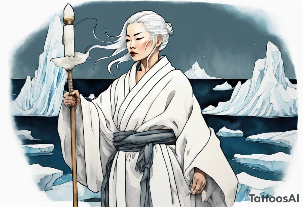 a 40 year old Inuit woman with white hair and a white robe holding a silver and white staff, standing on an iceberg tattoo idea