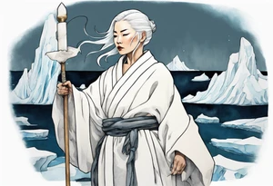 a 40 year old Inuit woman with white hair and a white robe holding a silver and white staff, standing on an iceberg tattoo idea