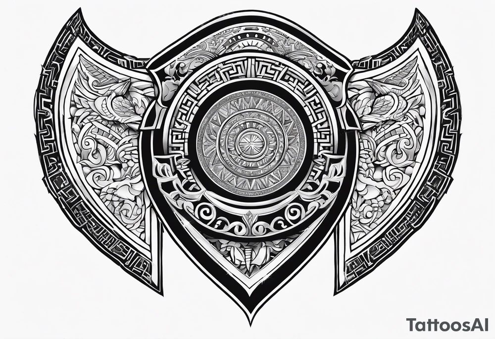 greek spartan shield surrounded by tribal pattern tattoo idea