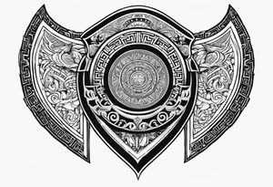 greek spartan shield surrounded by tribal pattern tattoo idea