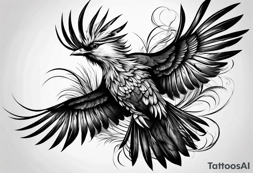 elegant long feathered bird in flight tattoo idea