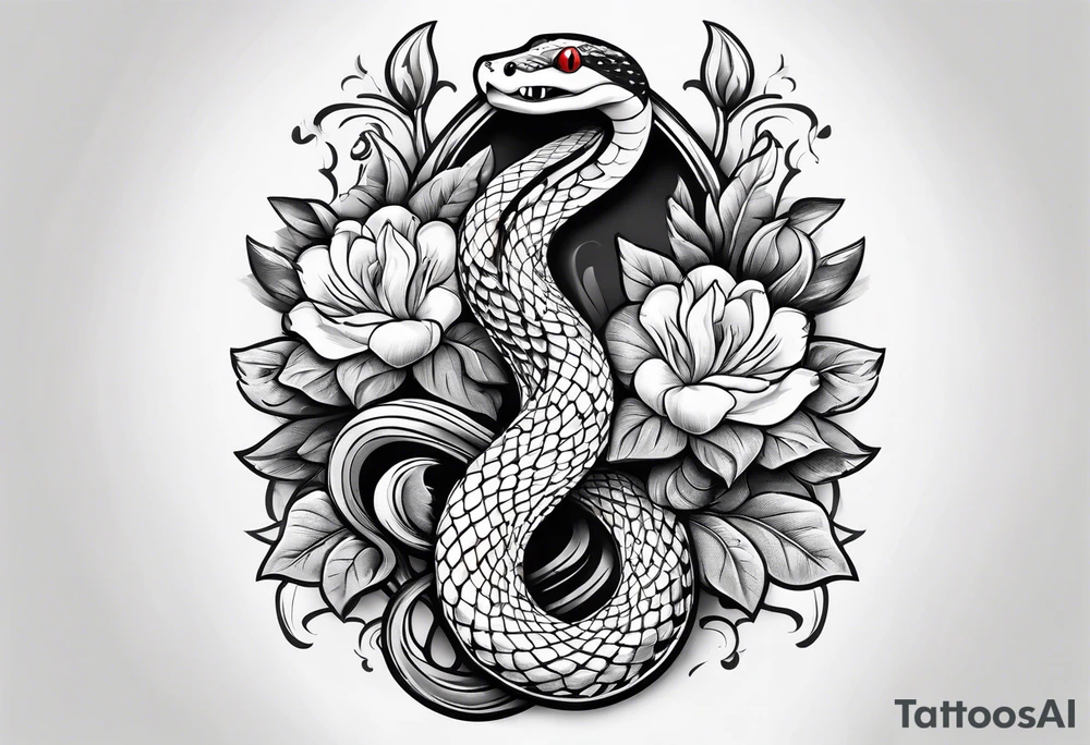 snakes in the shape of a spade with flowers tattoo idea