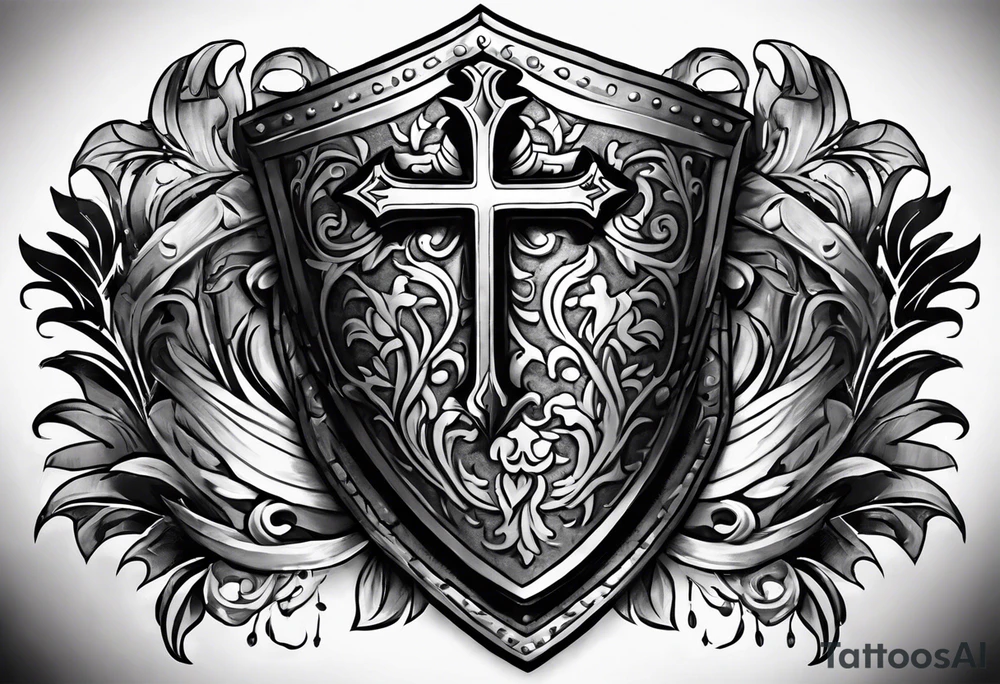 pauldron armor piece with a cross in the center and a pawprint tattoo idea