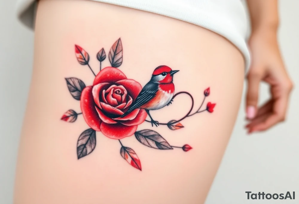 Small red rose and red robin with a infinity heart on hip tattoo idea