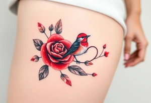 Small red rose and red robin with a infinity heart on hip tattoo idea