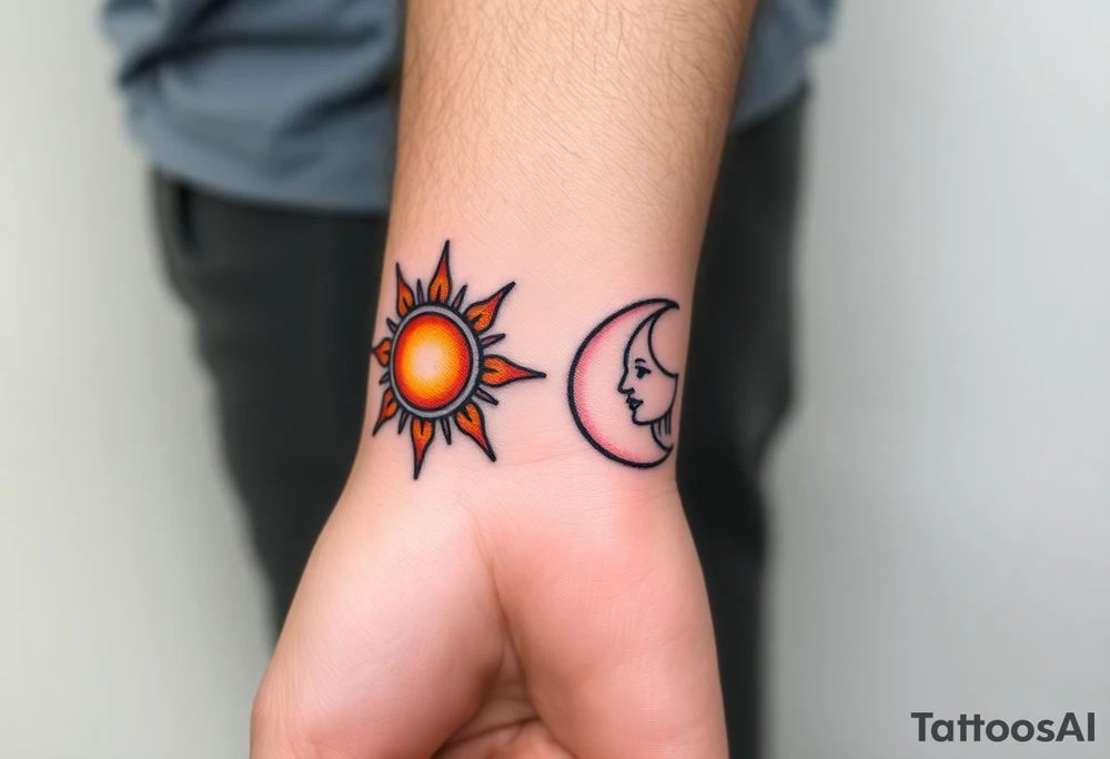 Matching sun and moon tattoos in warm orange and cool blue signify balance and harmony between father and kids. tattoo idea