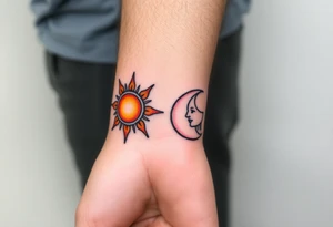 Matching sun and moon tattoos in warm orange and cool blue signify balance and harmony between father and kids. tattoo idea