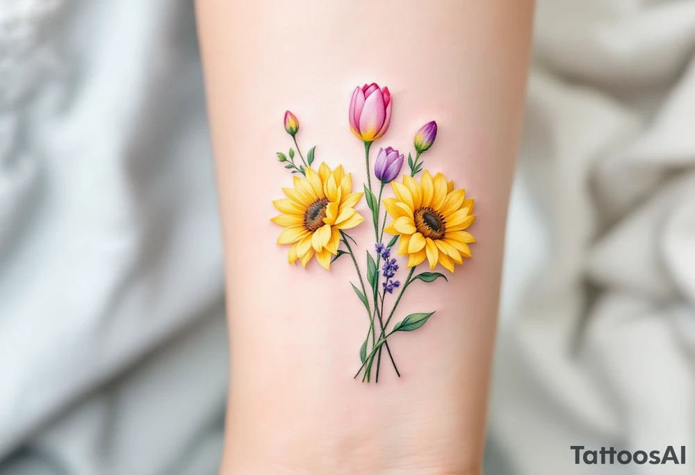 Small yellow sunflowers and simple stargazer Lilly in pale pink and pale purple tulip buds in a dainty wildflower bouquet with light green stems. No outlines on the flowers. Include feminine stem lines. tattoo idea