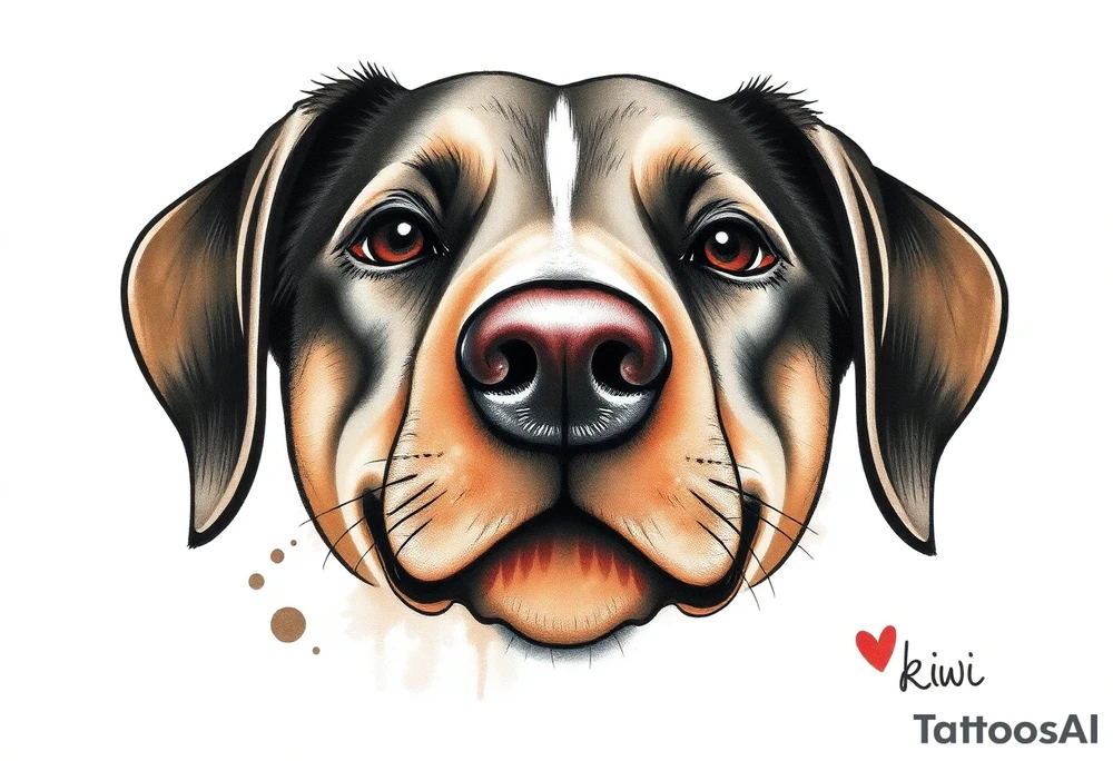One line tattoo of female dog with white strip going up dog’s snout slightly off centered. Brown brindled and the dogs tongue slightly out with  the name kiwi and Just the colors black  white brown with a small heart near by tattoo idea