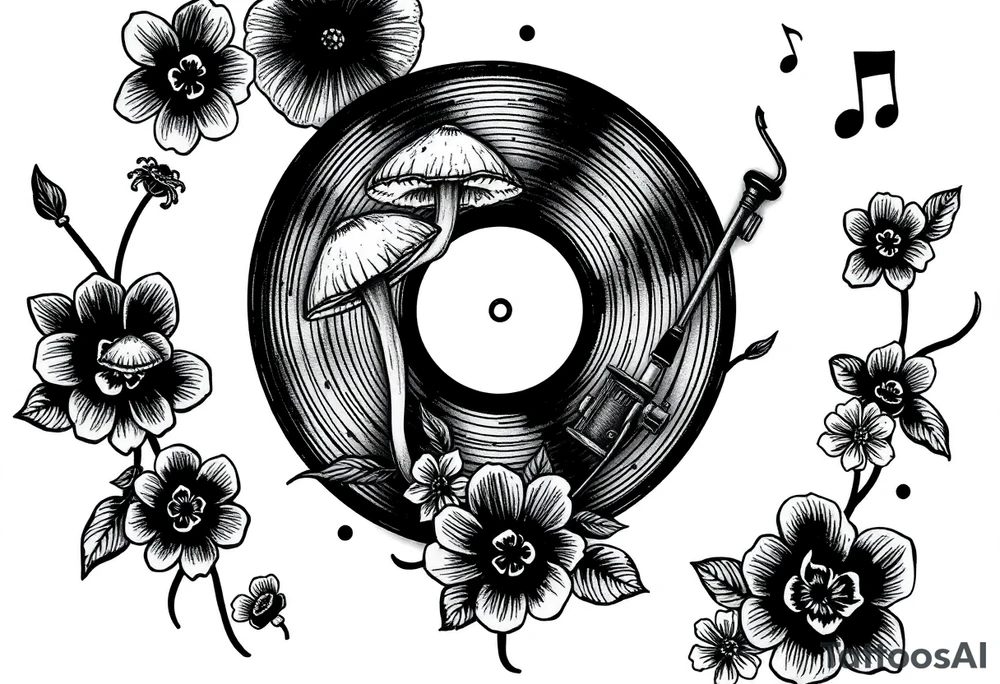 simple vinyl record player with mushrooms, flowers, and music notes around it tattoo idea