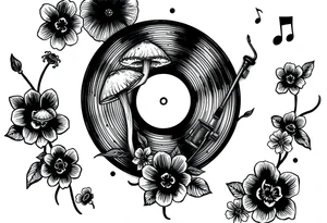 simple vinyl record player with mushrooms, flowers, and music notes around it tattoo idea