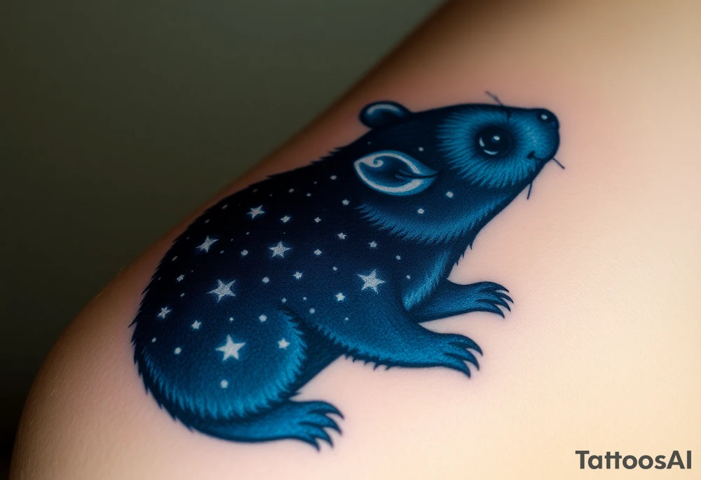 A celestial mole gazing at the stars, with a deep navy-blue fur coat speckled with glowing white constellations tattoo idea