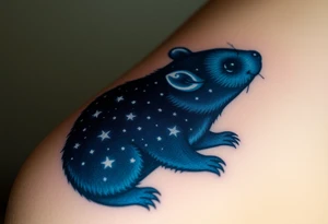 A celestial mole gazing at the stars, with a deep navy-blue fur coat speckled with glowing white constellations tattoo idea
