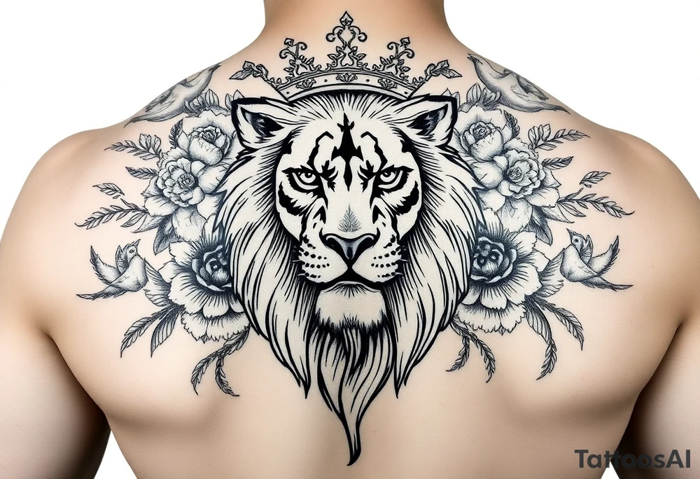 powerful majestic lion with a crown, surrounded by floral ornaments and birds tattoo idea