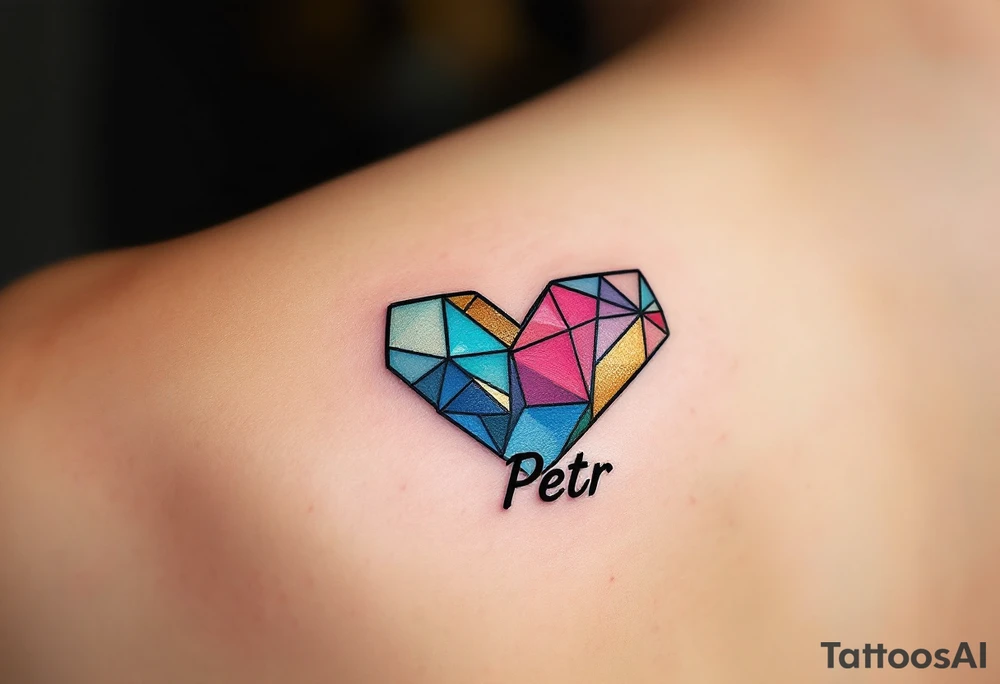 A mini heart made up of colorful geometric shapes, with each section of the heart filled with different watercolor shades of blue, pink, and gold, and the name "Petr" written in a modern, sans-serif font. tattoo idea