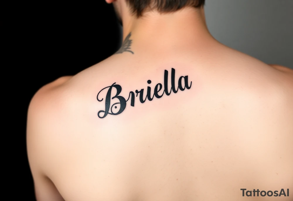 "Briella" in gangster gothic font on hand along thumb tattoo idea