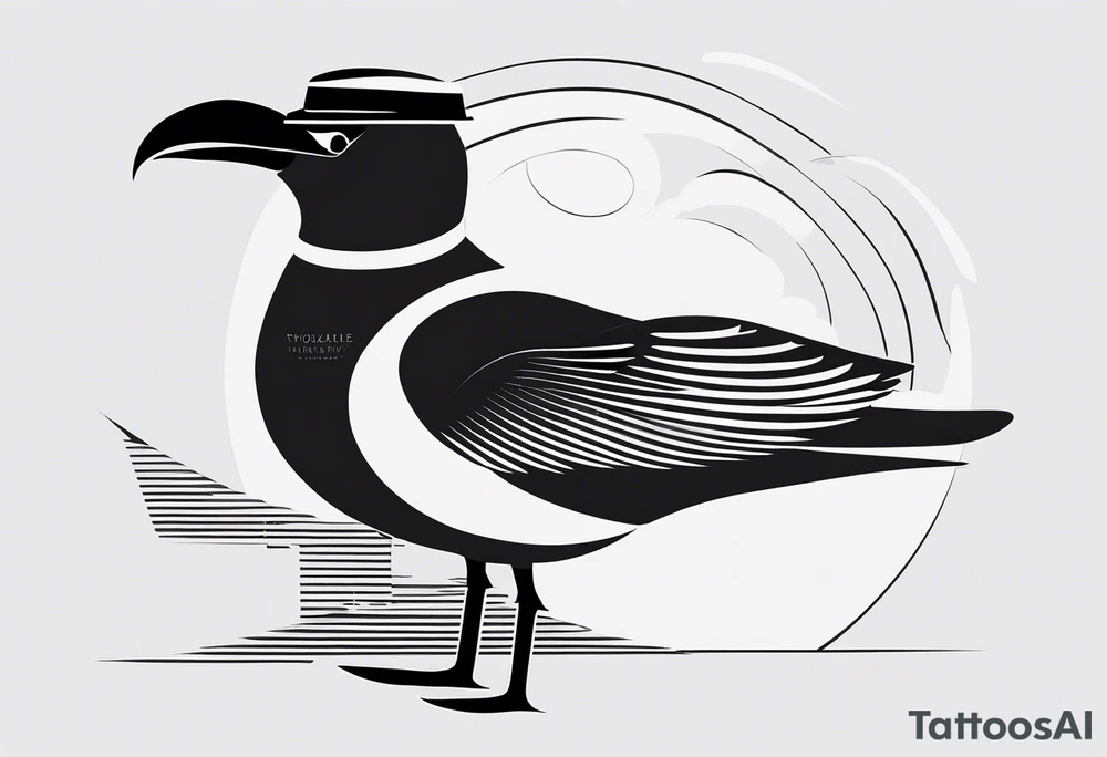 Black and white silhouette illustration of a seagull (albatross) with a human body, wearing sunglasses and a hat. The bird’s wings and head are shown in dynamic, stylized shapes, while its human body is positioned confidently, holding a camera. The design is playful and minimalistic, with clean lines defining the figure and accessories. The background features abstract, simplified shapes of a serene beach and a clear sky, creating a sense of relaxation and adventure. The silhouette emphasizes the whimsical character of the scene, with strong contrasts to highlight the unique design. tattoo idea