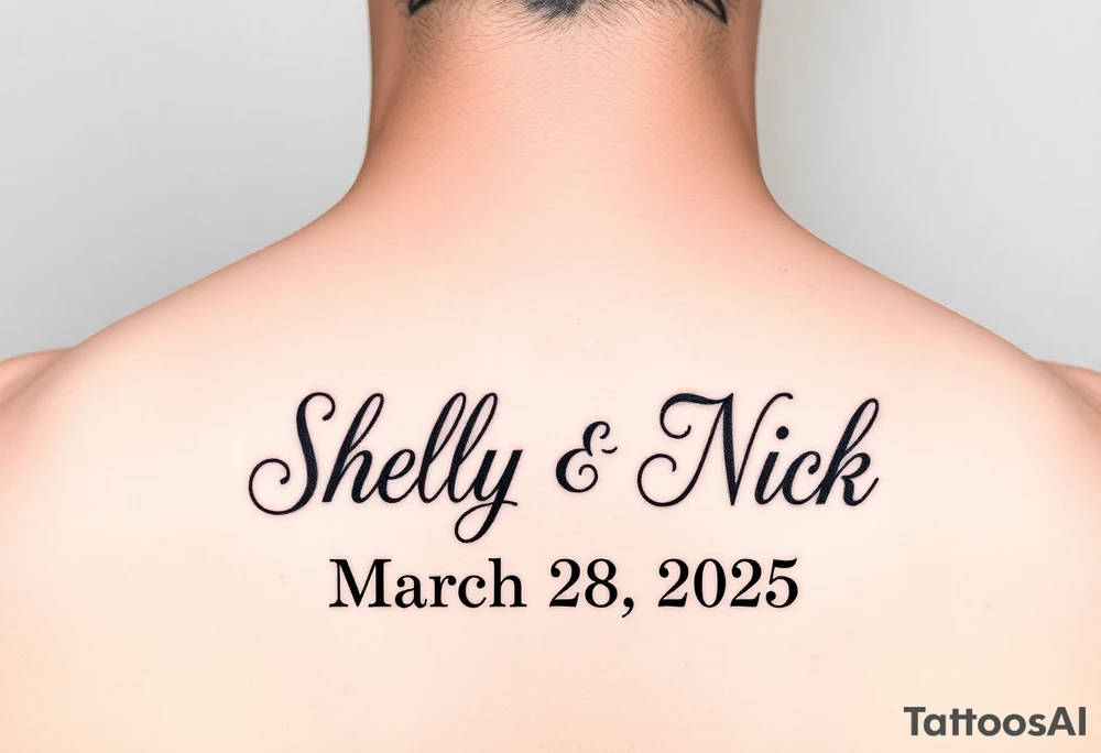 stylized "Shelly + Nick" with date March 28 2025 tattoo idea