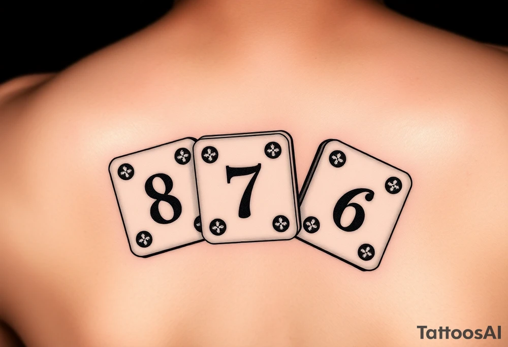 Three realisticdomino tiles falling onto each other like in the game, showing the pips 8, 7, and 6. tattoo idea