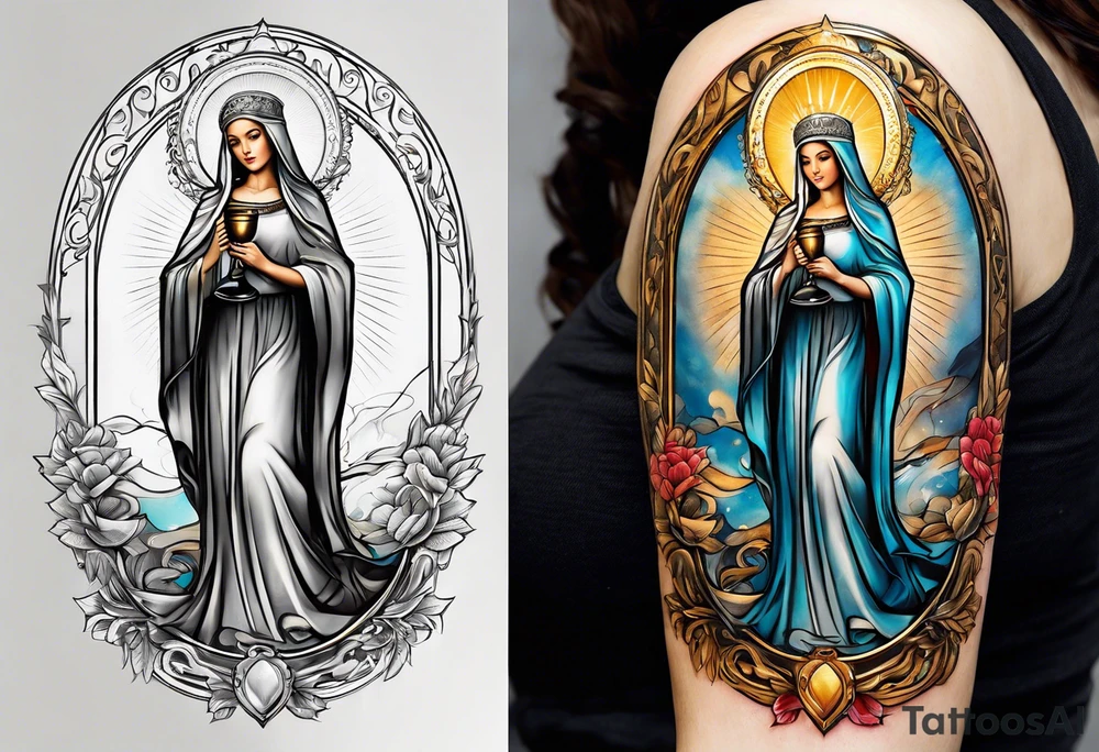 woman saint holding chalice surrounded by golden halo with a tower tattoo idea