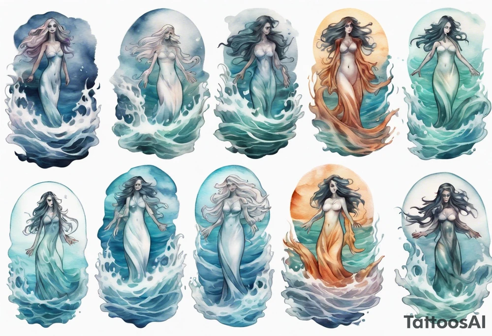 a transparent ghost woman rising from the waves of the sea tattoo idea