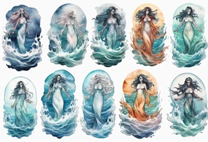 a transparent ghost woman rising from the waves of the sea tattoo idea