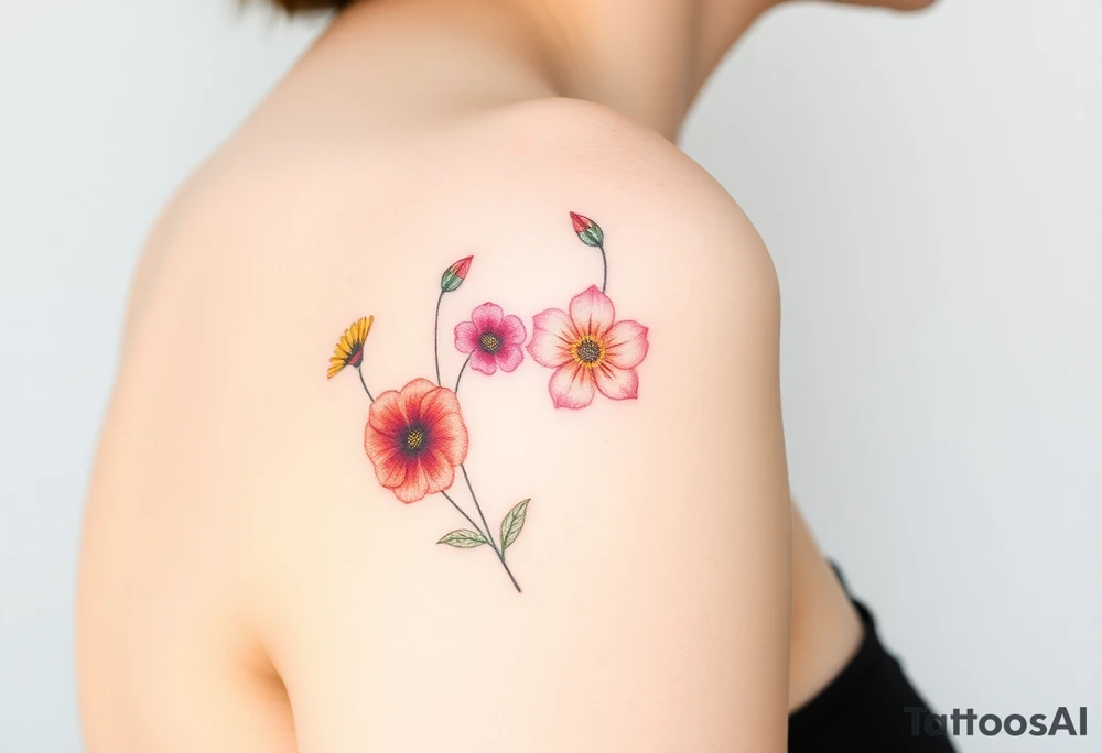 Upper arm and shoulder sleeve
Realistic
Water color
Fine line
Birth flowers for the months of
February 
July
August
October
December
Multi colored tattoo idea