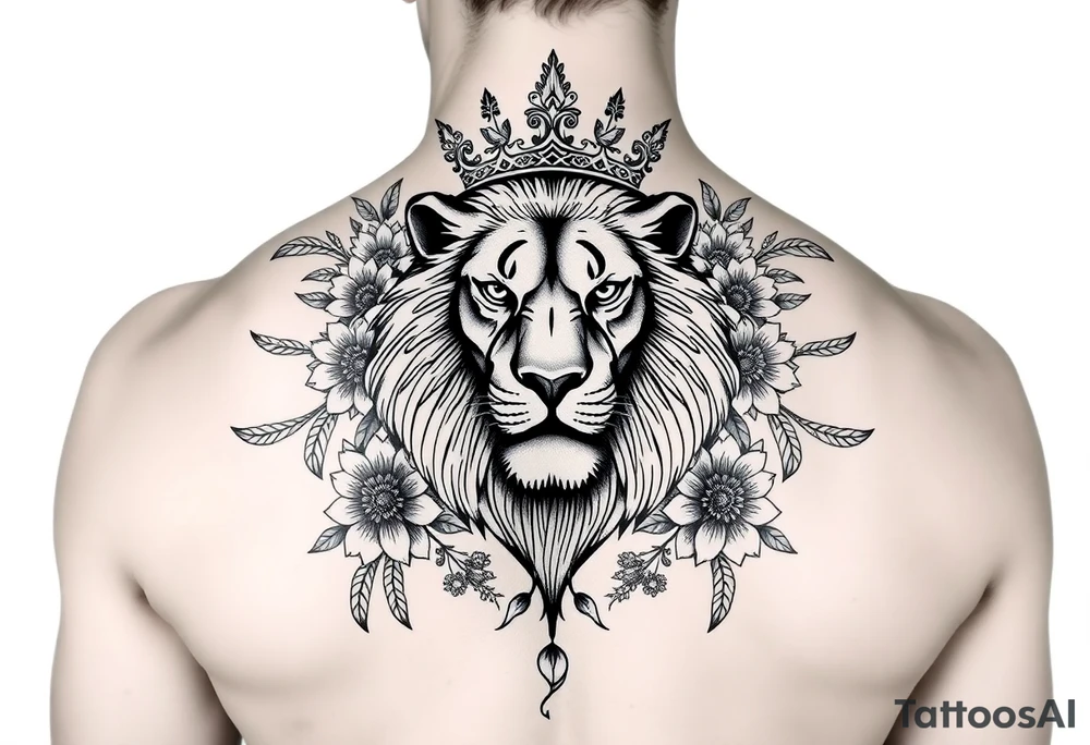 powerful majestic lion with a crown, surrounded by floral ornaments and birds tattoo idea