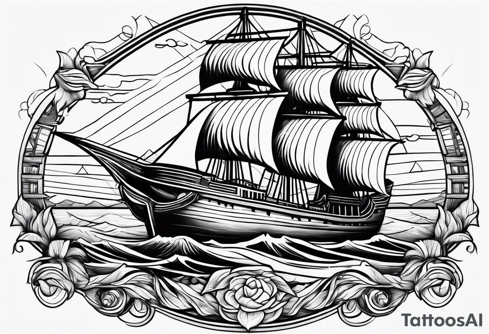 huge wooden ship with sun  and calm waters tattoo idea