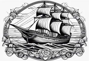 huge wooden ship with sun  and calm waters tattoo idea