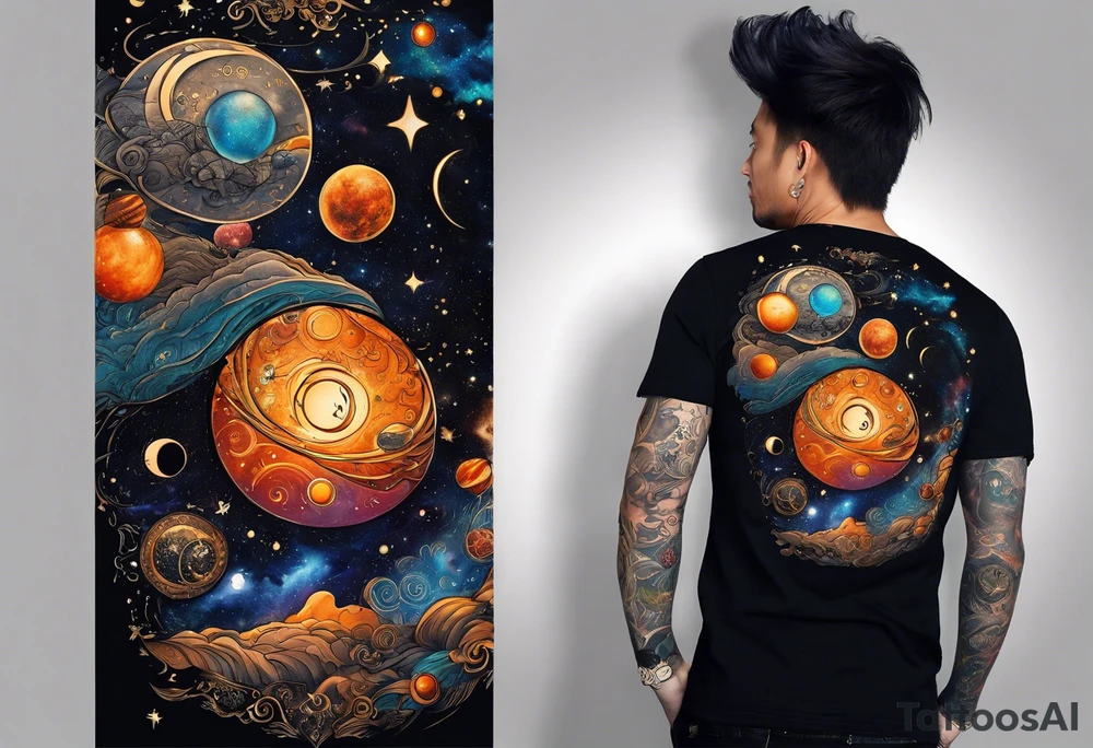 A tattoo featuring a cosmic scene with planets, black holes, and supernovae intertwined with intricate linguistic symbols, reflecting the client's interests in cosmology and linguistics. tattoo idea