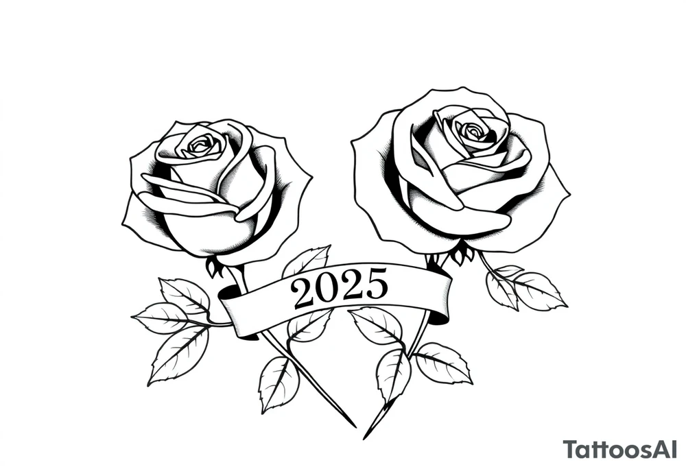 two beautiful large rose buds, one larger than the other, with many leaves next to the rose buds, with one sitting slightly higher than the other, side-by-side.  Include a banner connecting the two roses with the year 2025 on it.   Use dark outlines with little shading. No stems tattoo idea