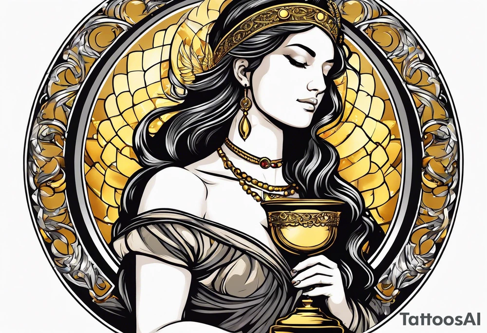 woman saint holding chalice surrounded by golden halo sideways tattoo idea