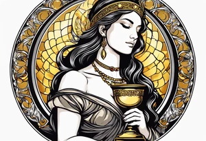 woman saint holding chalice surrounded by golden halo sideways tattoo idea